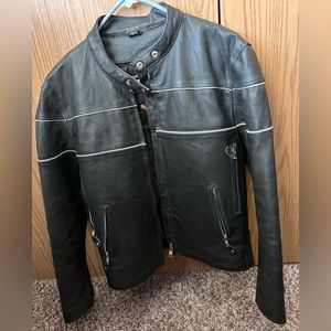 Genuine leather jacket. Like new. Reflective stripping for night riding.